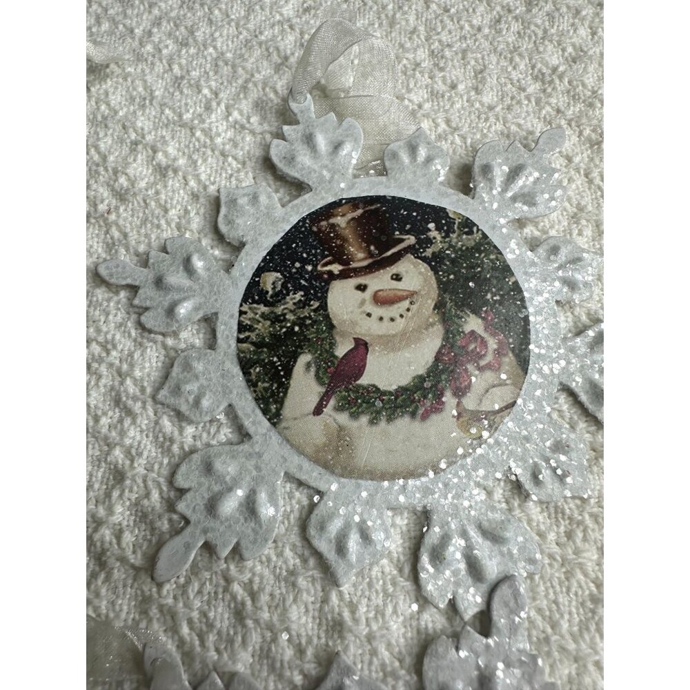 Snowman Snowflake Ornaments Made of Tin Set Of 10